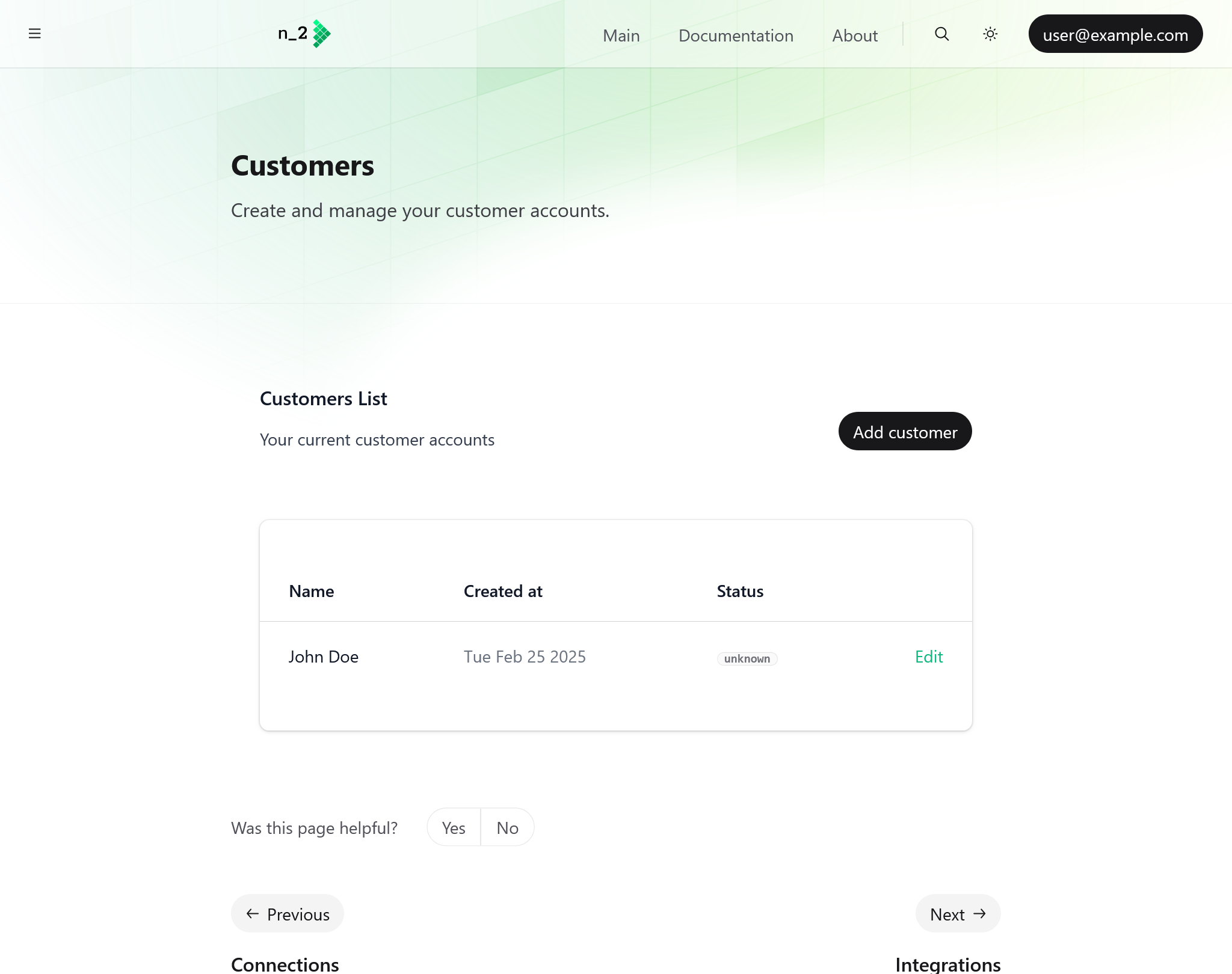 Screenshot of a page showing a list of customer accounts